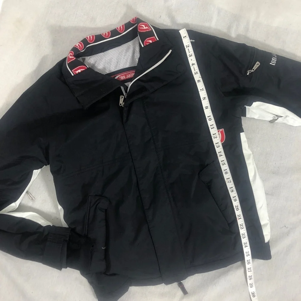 Toni Sailer ski jacket zipper front black mens MEDIUM black white red